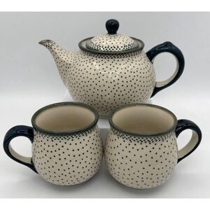 3 Piece Boleslawcu Polish‎ Pottery Teapot & Bubble Mugs Green Polka Dot Unikat